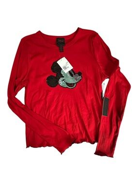 Disney X Forever 21 Red Ribbed Top with Sequin Mickey